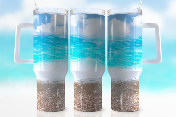 Glitter Sand Beach Custom Stanley Quencher 40Oz Stainless Steel Tumbler With Handle