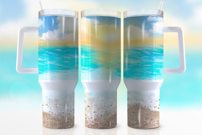 Glitter Sand Beach Custom Stanley Quencher 40Oz Stainless Steel Tumbler With Handle