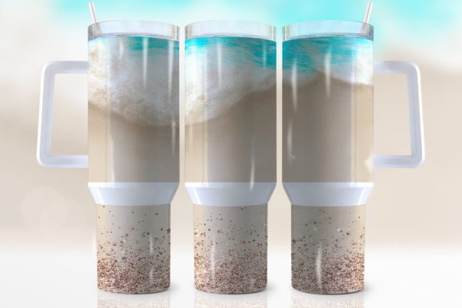 Glitter Sand Beach Custom Stanley Quencher 40Oz Stainless Steel Tumbler With Handle