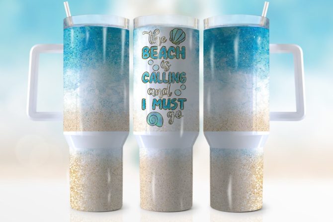 Glitter Sand Beach Custom Stanley Quencher 40Oz Stainless Steel Tumbler With Handle