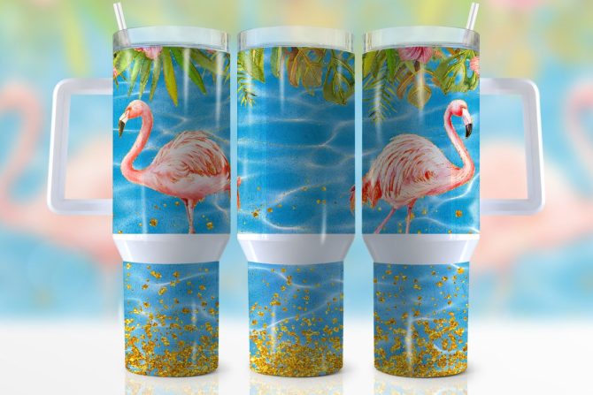 Glitter Tropical Flamingo Custom Stanley Quencher 40Oz Stainless Steel Tumbler With Handle