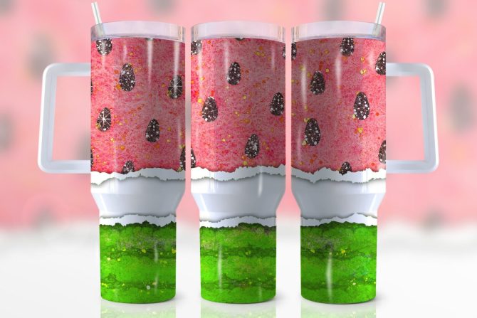 Glitter Watermelon Custom Stanley Quencher 40Oz Stainless Steel Tumbler With Handle