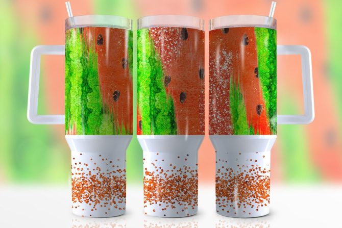 Glitter Watermelon Custom Stanley Quencher 40Oz Stainless Steel Tumbler With Handle
