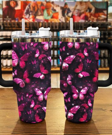 Glowing Pink Butterfly Custom Stanley Quencher 40Oz Stainless Steel