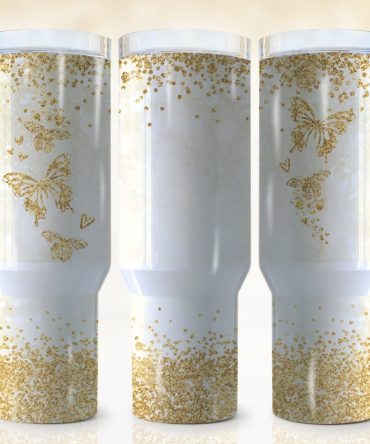 Gold Butterfly Custom Stanley Quencher 40Oz Stainless Steel Tumbler With Handle