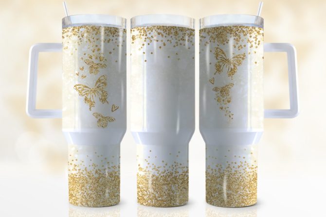Gold Butterfly Custom Stanley Quencher 40Oz Stainless Steel Tumbler With Handle