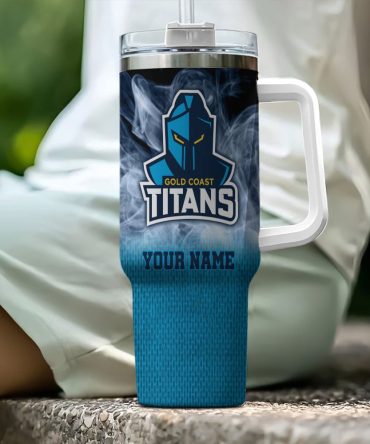 Gold Coast Titans Nrl Flame Effect Custom Stanley Quencher 40Oz Stainless Steel Tumbler With Handle