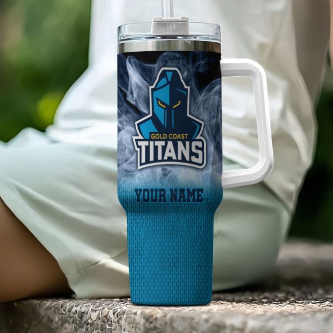 Gold Coast Titans Nrl Flame Effect Custom Stanley Quencher 40Oz Stainless Steel Tumbler With Handle