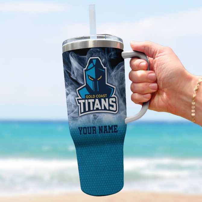 Gold Coast Titans Nrl Flame Effect Custom Stanley Quencher 40Oz Stainless Steel Tumbler With Handle - Image 2