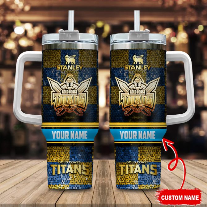 Gold Coast Titans Nrl Golden Logo Stained Glass Effect Custom Stanley Quencher 40Oz Stainless Steel Tumbler With Handle