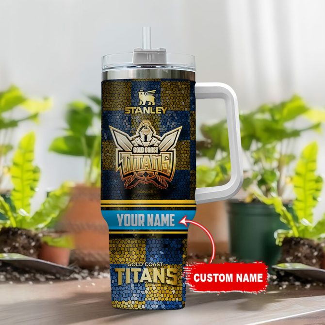 Gold Coast Titans Nrl Golden Logo Stained Glass Effect Custom Stanley Quencher 40Oz Stainless Steel Tumbler With Handle - Image 2
