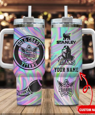 Gold Coast Titans Nrl Hologram Effect Custom Stanley Quencher 40Oz Stainless Steel Tumbler With Handle