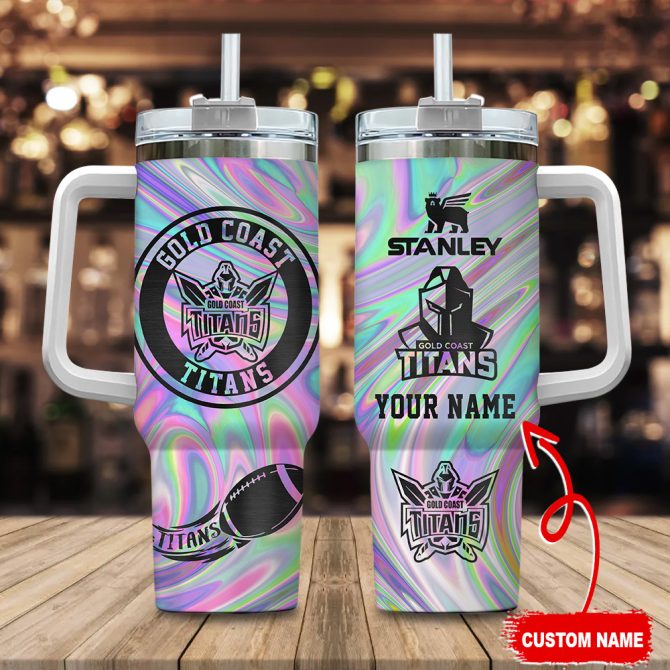 Gold Coast Titans Nrl Hologram Effect Custom Stanley Quencher 40Oz Stainless Steel Tumbler With Handle
