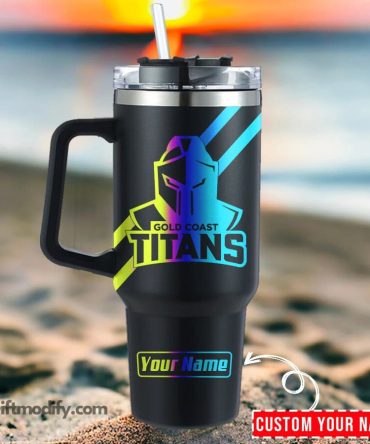 Gold Coast Titans Nrl Hologram Logo Custom Stanley Quencher 40Oz Stainless Steel Tumbler With Handle