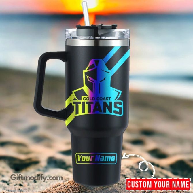 Gold Coast Titans Nrl Hologram Logo Custom Stanley Quencher 40Oz Stainless Steel Tumbler With Handle