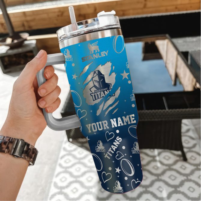 Gold Coast Titans Nrl Silver Logo Custom Stanley Quencher 40Oz Stainless Steel Tumbler With Handle - Image 3