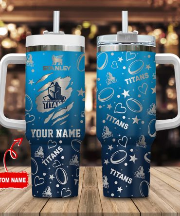 Gold Coast Titans Nrl Silver Logo Custom Stanley Quencher 40Oz Stainless Steel Tumbler With Handle