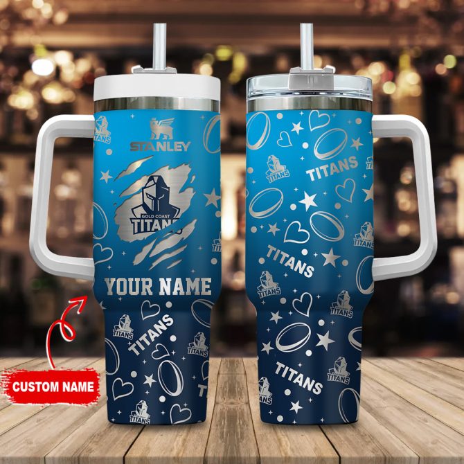 Gold Coast Titans Nrl Silver Logo Custom Stanley Quencher 40Oz Stainless Steel Tumbler With Handle