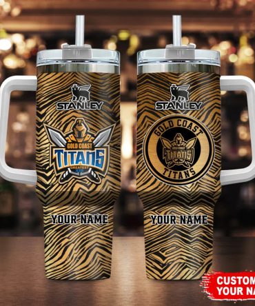 Gold Coast Titans Nrl Zubaz Print Custom Stanley Quencher 40Oz Stainless Steel Tumbler With Handle