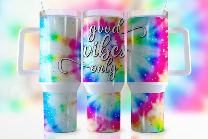Good Vibes Only Pastel Tie Dye Custom Stanley Quencher 40Oz Stainless Steel Tumbler With Handle