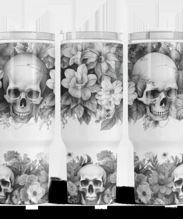 Gothic Black And White Floral Skulls Custom Stanley Quencher 40Oz Stainless Steel Tumbler With Handle
