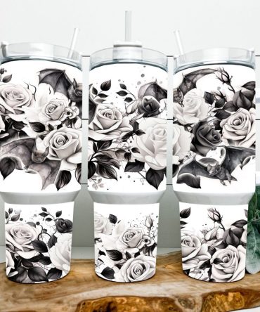 Gothic Black And White Roses Custom Stanley Quencher 40Oz Stainless Steel Tumbler With Handle