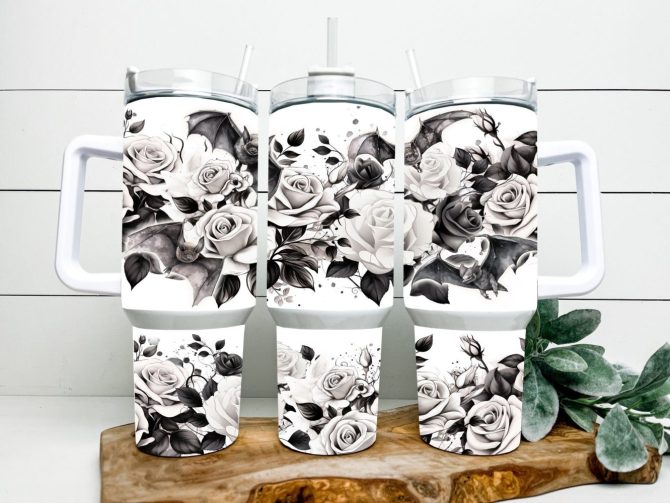 Gothic Black And White Roses Custom Stanley Quencher 40Oz Stainless Steel Tumbler With Handle