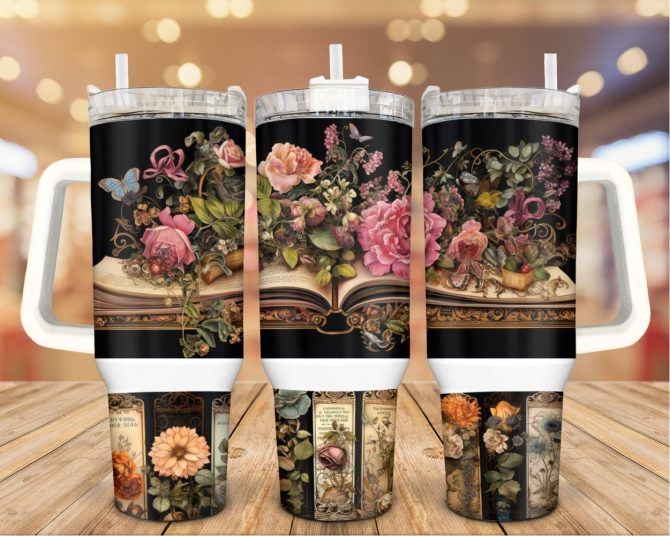 Gothic Floral Book Custom Stanley Quencher 40Oz Stainless Steel Tumbler With Handle