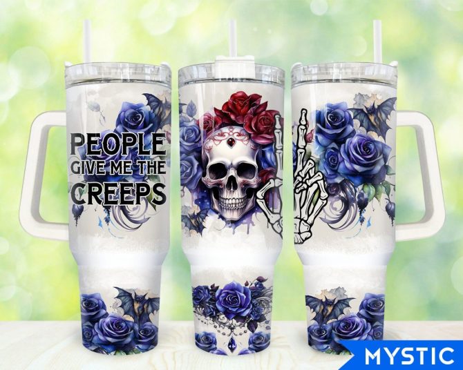 Gothic Floral Skull Custom Stanley Quencher 40Oz Stainless Steel Tumbler With Handle