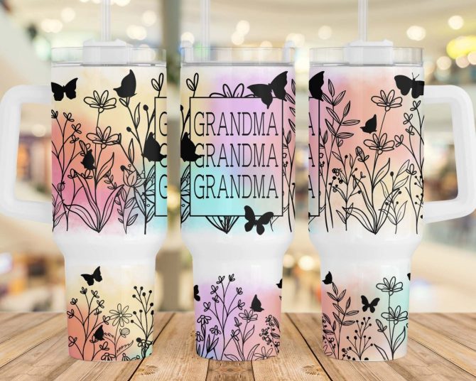 Grandma Wildflower Butterflies Custom Stanley Quencher 40Oz Stainless Steel Tumbler With Handle