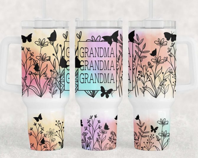 Grandma Wildflower Butterflies Custom Stanley Quencher 40Oz Stainless Steel Tumbler With Handle - Image 3