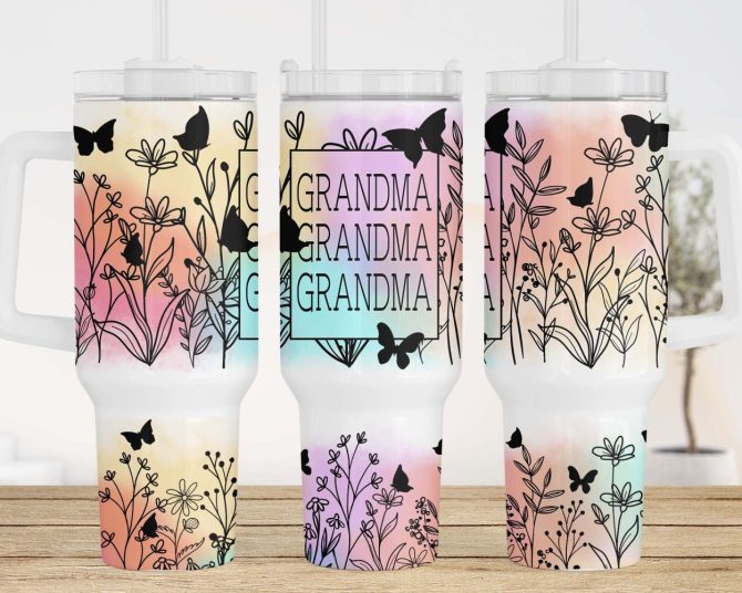 Grandma Wildflower Butterflies Custom Stanley Quencher 40Oz Stainless Steel Tumbler With Handle - Image 2