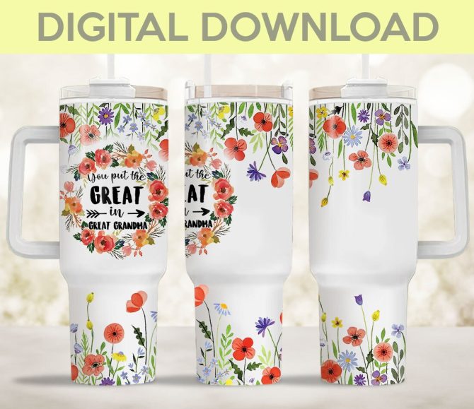 Great Grandma Colorful Flowers Custom Stanley Quencher 40Oz Stainless Steel Tumbler With Handle