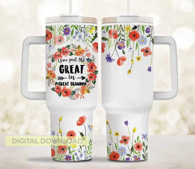 Great Grandma Colorful Flowers Custom Stanley Quencher 40Oz Stainless Steel Tumbler With Handle - Image 2
