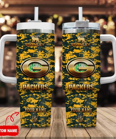 Green Bay Packers Nfl Camouflage Golden Logo Custom Stanley Quencher 40Oz Stainless Steel Tumbler With Handle