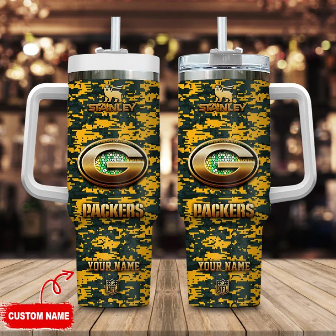 Green Bay Packers Nfl Camouflage Golden Logo Custom Stanley Quencher 40Oz Stainless Steel Tumbler With Handle