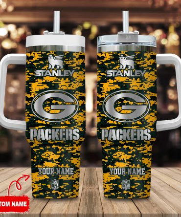 Green Bay Packers Nfl Camouflage Silver Logo Custom Stanley Quencher 40Oz Stainless Steel Tumbler With Handle