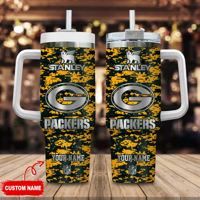Green Bay Packers Nfl Camouflage Silver Logo Custom Stanley Quencher 40Oz Stainless Steel Tumbler With Handle