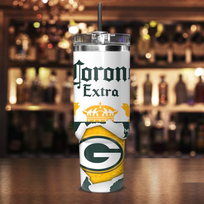 Green Bay Packers Nfl Corona Extra Custom Stanley Quencher 40Oz Stainless Steel Tumbler With Handle - Image 2