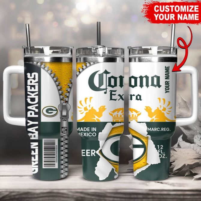 Green Bay Packers Nfl Corona Extra Custom Stanley Quencher 40Oz Stainless Steel Tumbler With Handle