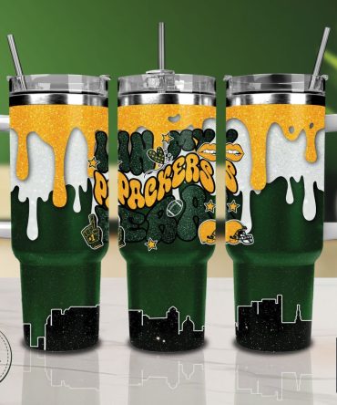 Green Bay Packers Nfl Glitter Custom Stanley Quencher 40Oz Stainless Steel Tumbler With Handle