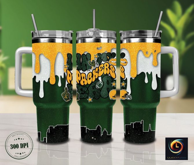 Green Bay Packers Nfl Glitter Custom Stanley Quencher 40Oz Stainless Steel Tumbler With Handle