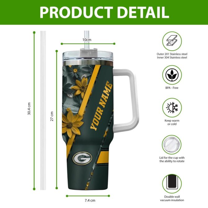 Green Bay Packers Nfl Custom Stanley Quencher 40Oz Stainless Steel Tumbler With Handle - Image 2