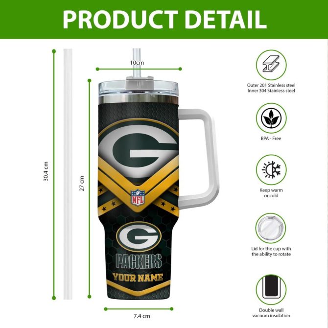 Green Bay Packers Nfl Custom Stanley Quencher 40Oz Stainless Steel Tumbler With Handle - Image 2