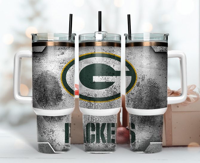 Green Bay Packers Nfl Fingerprint Effect Custom Stanley Quencher 40Oz Stainless Steel Tumbler With Handle