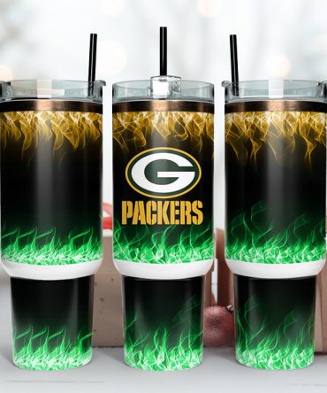 Green Bay Packers Nfl Fire Effect Custom Stanley Quencher 40Oz Stainless Steel Tumbler With Handle