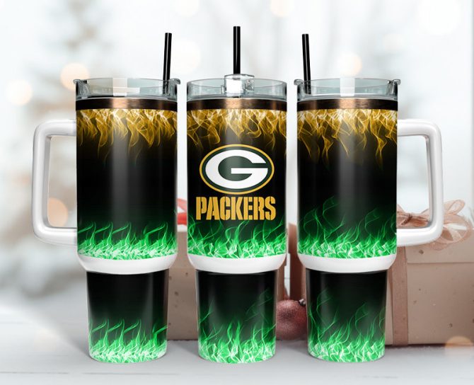 Green Bay Packers Nfl Fire Effect Custom Stanley Quencher 40Oz Stainless Steel Tumbler With Handle