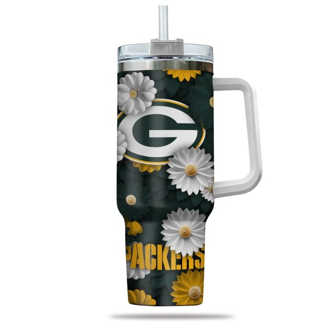 Green Bay Packers Nfl Flowers Custom Stanley Quencher 40Oz Stainless Steel Tumbler With Handle - Image 2