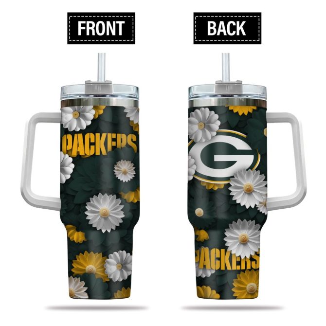 Green Bay Packers Nfl Flowers Custom Stanley Quencher 40Oz Stainless Steel Tumbler With Handle