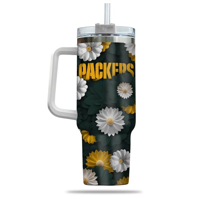 Green Bay Packers Nfl Flowers Custom Stanley Quencher 40Oz Stainless Steel Tumbler With Handle - Image 3
